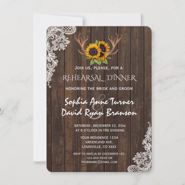 Boho Sunflowers Antlers Wood Lace Rehearsal Dinner Invitation (Front)