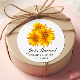 Boho Sunflowers Country Wedding Just Married  Classic Round Sticker