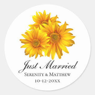 Boho Sunflowers Country Wedding Just Married Classic Round Sticker