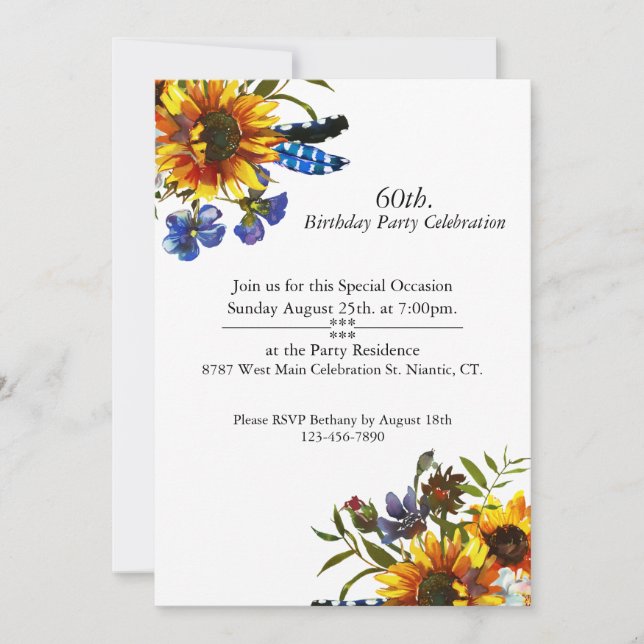 Boho Sunflowers, Feathers, Customisable, Birthday Invitation (Front)