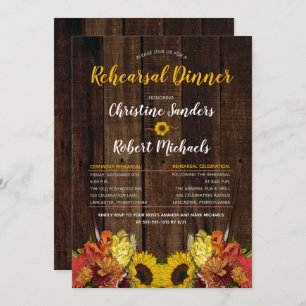 Boho Sunflowers Floral   Wood Rehearsal Dinner Invitation