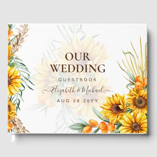 BOHO Sunflowers Pampas Grass Wedding Guest Book (Front)