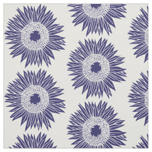 Boho Sunflowers Pattern Navy Blue and White Floral Fabric