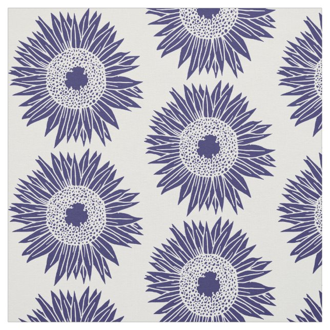 Boho Sunflowers Pattern Navy Blue and White Floral Fabric (Swatch)
