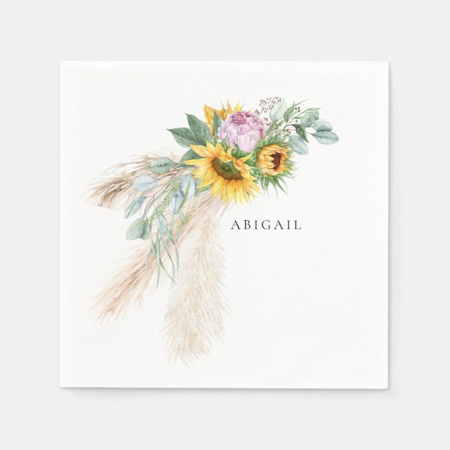 Boho Sunflowers & Pink Peonies Personalised Shower Napkin (Front)