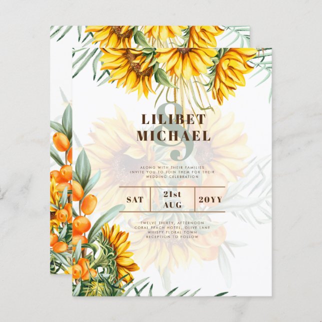 Boho Sunflowers Rustic Wedding Invite Double Sided (Front/Back)