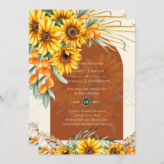 Boho Sunflowers Terracotta Pampas Grass Wedding Invitation (Front/Back)