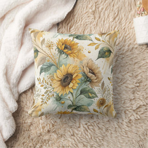 Boho Sunflowers Watercolor Gold Cushion