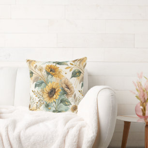 Boho Sunflowers Watercolor Gold Cushion