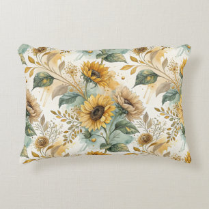 Boho Sunflowers Watercolor Gold Decorative Cushion