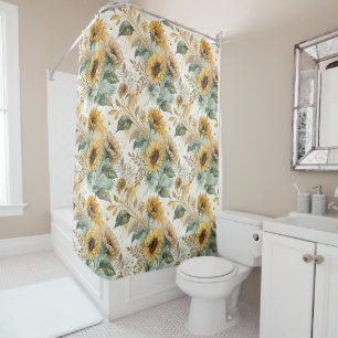 Boho Sunflowers Watercolor Gold Shower Curtain