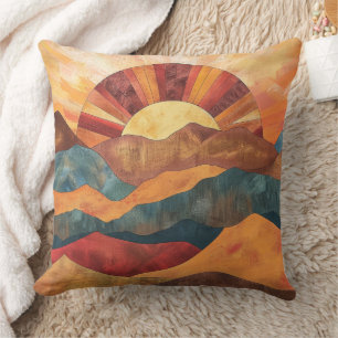 Boho Sunset Over Mountains -Retro Earthy Landscape Cushion