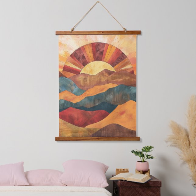 Boho Sunset Over Mountains -Retro Earthy Landscape Hanging Tapestry (Bedroom)