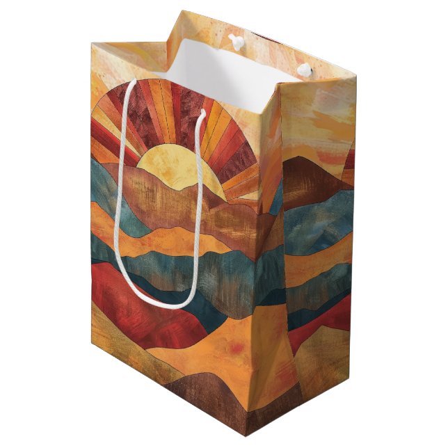 Boho Sunset Over Mountains -Retro Earthy Landscape Medium Gift Bag (Front Angled)