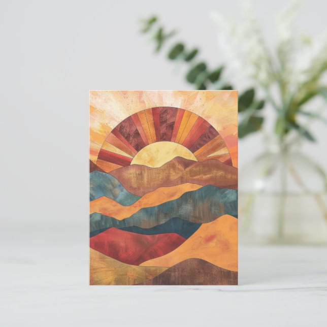Boho Sunset Over Mountains -Retro Earthy Landscape Postcard (Standing Front)