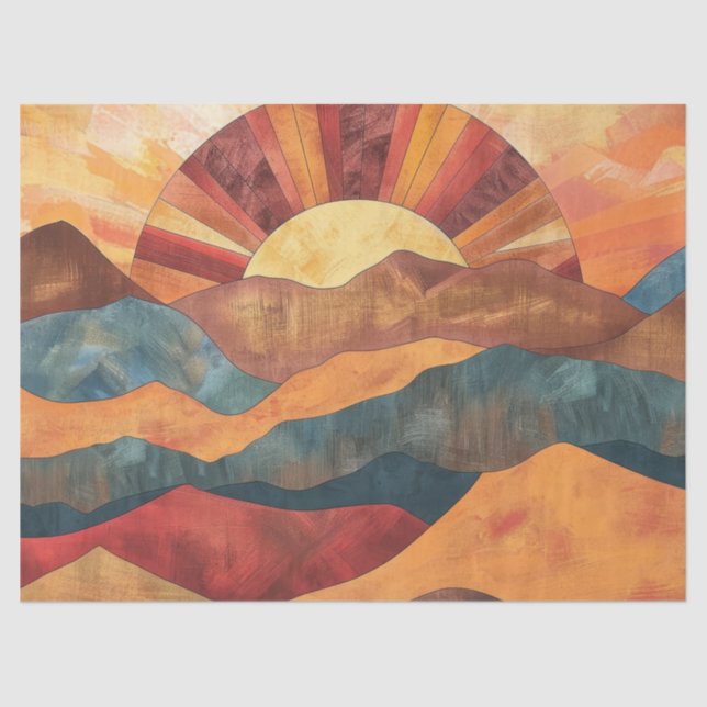 Boho Sunset Over Mountains -Retro Earthy Landscape Tissue Paper (Front)