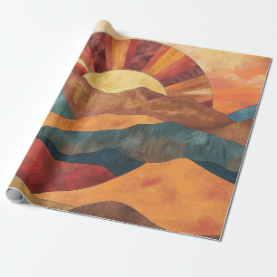 Boho Sunset Over Mountains -Retro Earthy Landscape Wrapping Paper