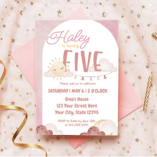 Boho Sunshine 5th Birthday Party Watercolor Invitation