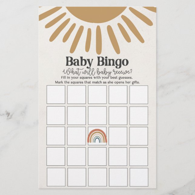 boho sunshine baby bingo, baby shower game  (Front)