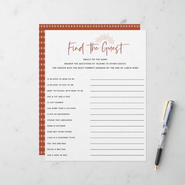 Boho Sunshine Baby Shower Guest Game (Front/Back In Situ)