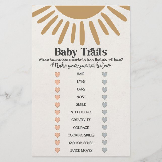 boho sunshine baby traits shower game  (Front)