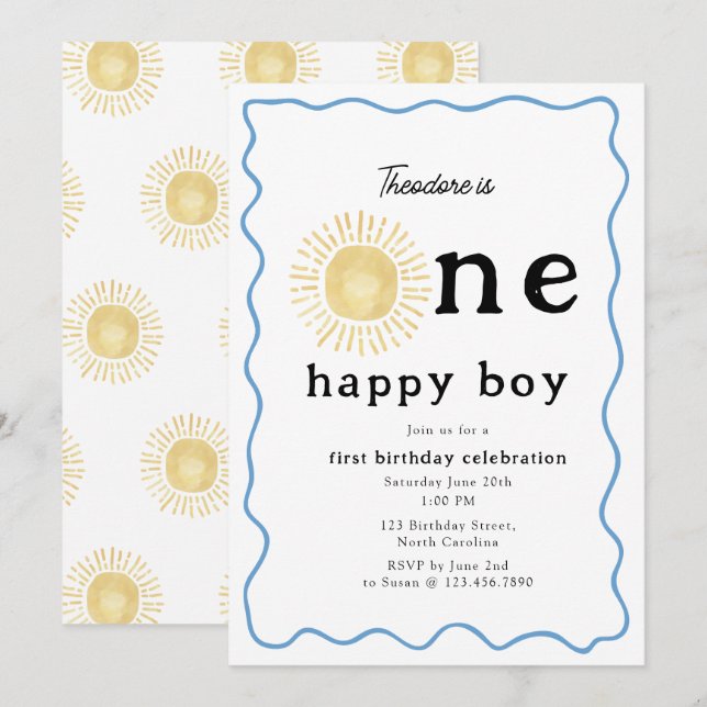 Boho Sunshine First Birthday One Happy Boy Retro Invitation (Front/Back)