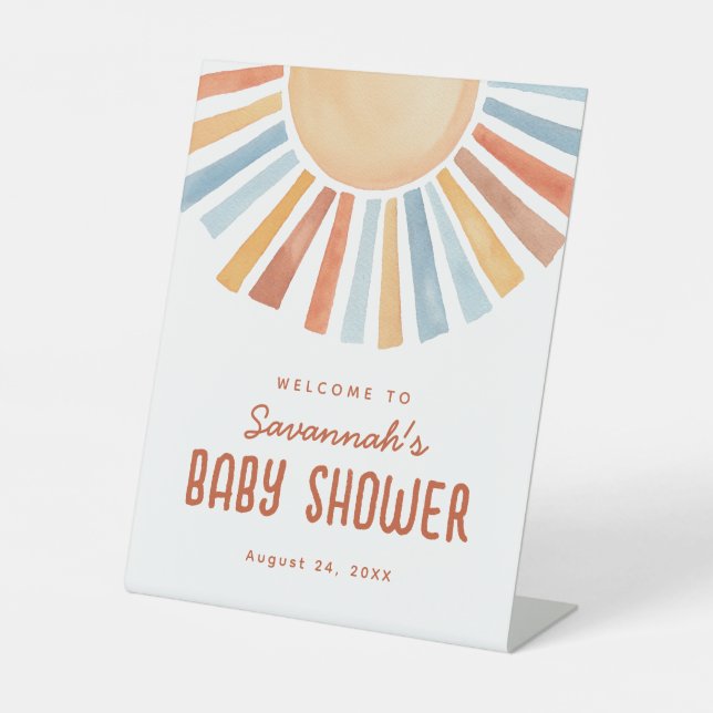 Boho Sunshine Neutral Baby Shower Welcome Pedestal Sign (Front)