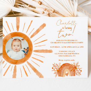 Boho sunshine rainbow orange 2nd birthday invitation