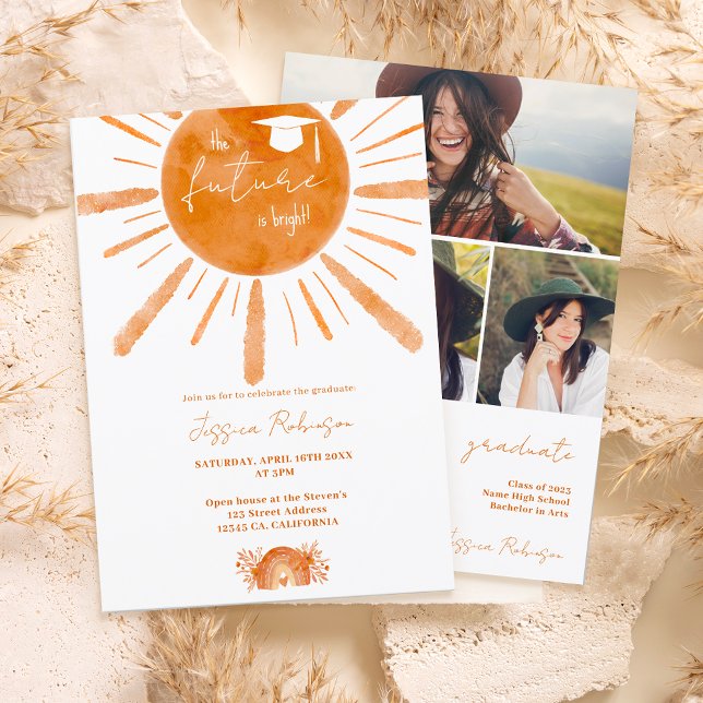 Boho sunshine rainbow orange 4 photos graduation invitation (Creator Uploaded)