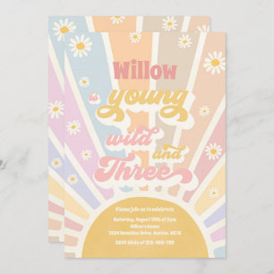 Boho Sunshine Young Wild And Three Birthday Party Invitation