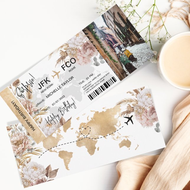 Boho Surprise Birthday Boarding Pass Trip Ticket Invitation (boho surprise boarding pass )
