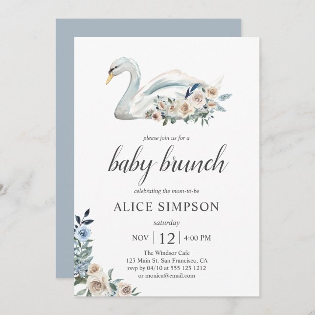 Boho Swan Dusty Blue Beige Flowers Baby Shower Invitation (Front/Back)