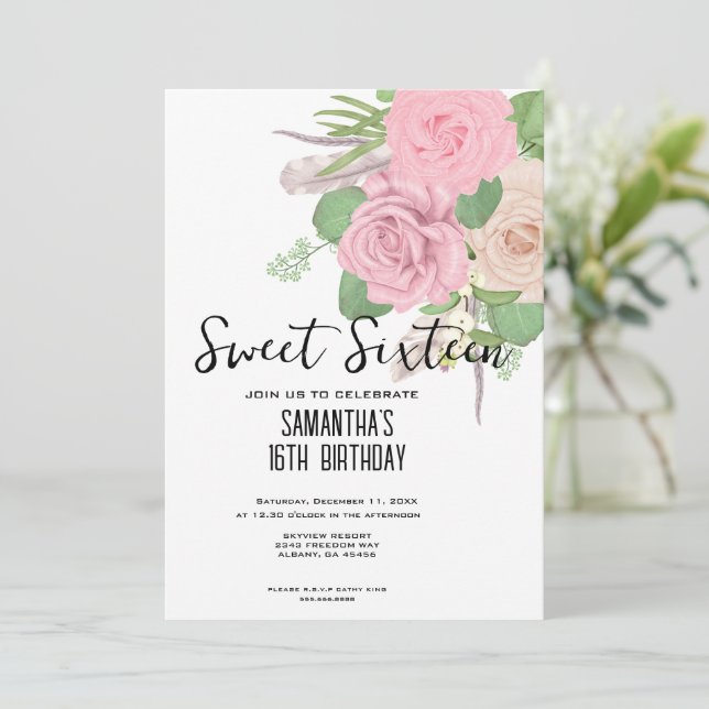 Boho Sweet 16 Invite - Pink Watercolor Floral (Standing Front)