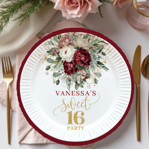 Boho Sweet Sixteen Blush Burgundy Floral Plates