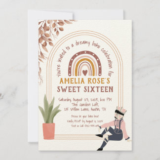 Boho Sweet Sixteen with Rainbow & Rustic Floral  Invitation