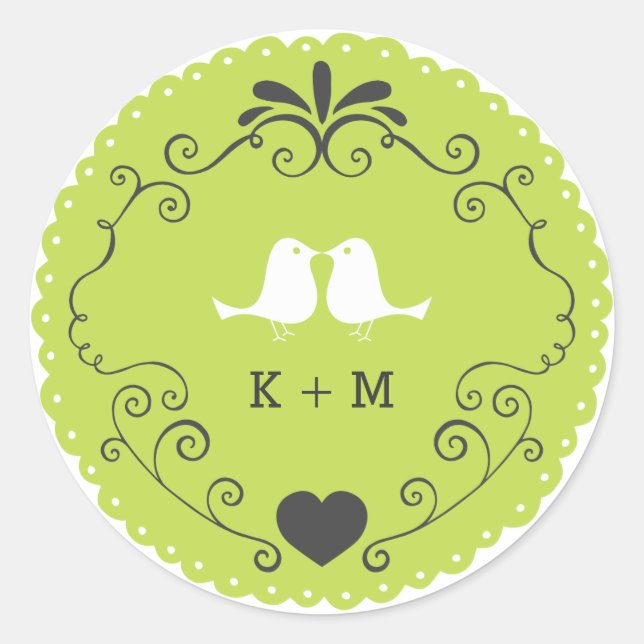 Boho Swirls, Curls, a Banner & Lovebirds Wedding Classic Round Sticker (Front)
