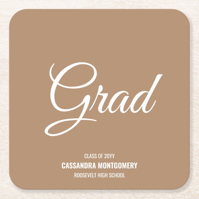 Boho Tan Modern Graduation Party Square Paper Coaster (Front)