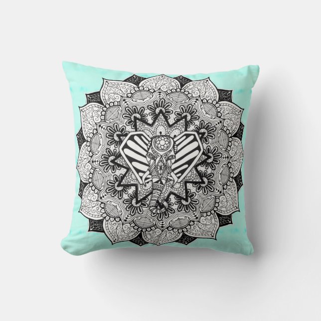 Boho Tangle Elephant and Hand Drawn Mandala Cushion (Front)