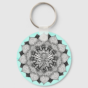 Boho Tangle Elephant and Hand Drawn Mandala Key Ring