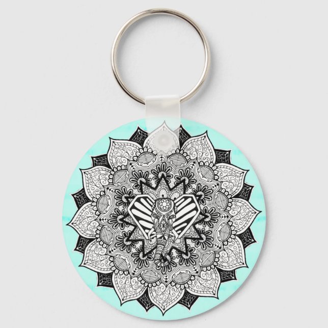 Boho Tangle Elephant and Hand Drawn Mandala Key Ring (Front)