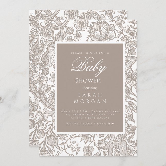 Boho Taupe Fall Line Art Wildflower Invitation (Front/Back)