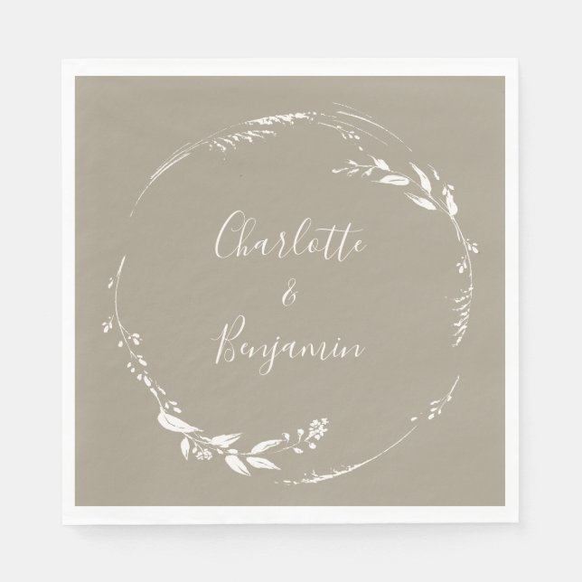 Boho Taupe Floral Wreath Calligraphy Personalised Napkin (Front)