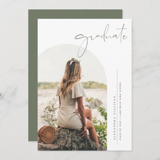 Boho Taupe Green Minimalist Arch Photo Graduation Announcement (Front/Back)