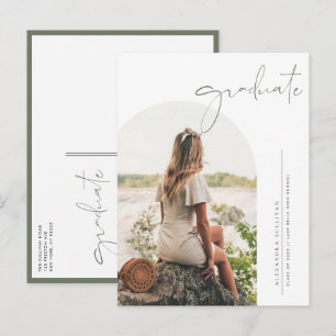 Boho Taupe Green Minimalist Arch Photo Graduation Announcement Postcard
