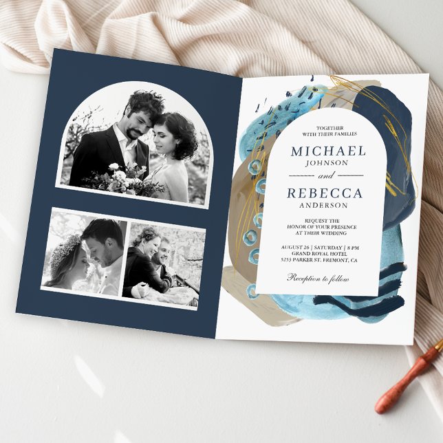 Boho Taupe Navy Blue Brush Strokes QR Code Wedding Invitation (Creator Uploaded)