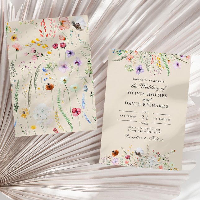 Boho Taupe Wildflower Meadow Wedding Invitation (Boho Taupe Wildflower Meadow Wedding Invitation on a sunny neutral dry palm leaf.)