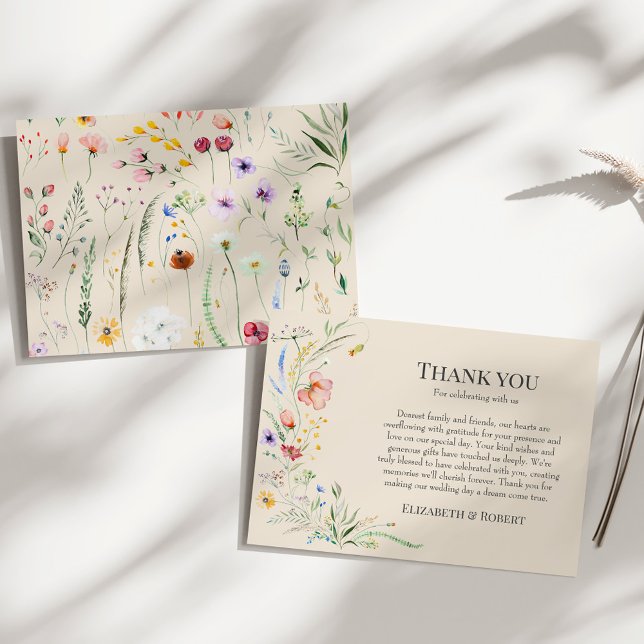 Boho Taupe Wildflower Meadow Wedding Thank You Card (Boho Taupe Wildflower Meadow Wedding Thank You Card on a sunny white table.)