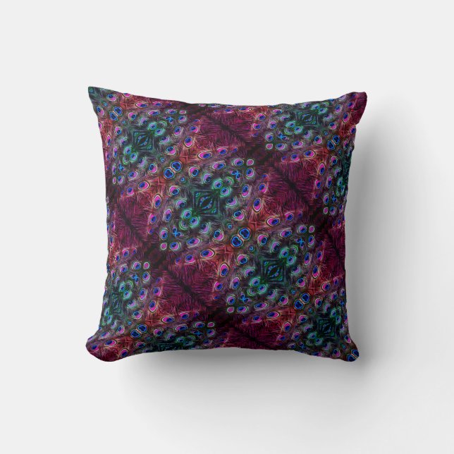Boho Teal and Burgundy Peacock Kaleidoscope Cushion (Front)