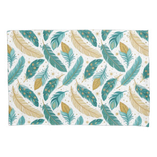 Boho Teal and Gold Feathers Pillowcase