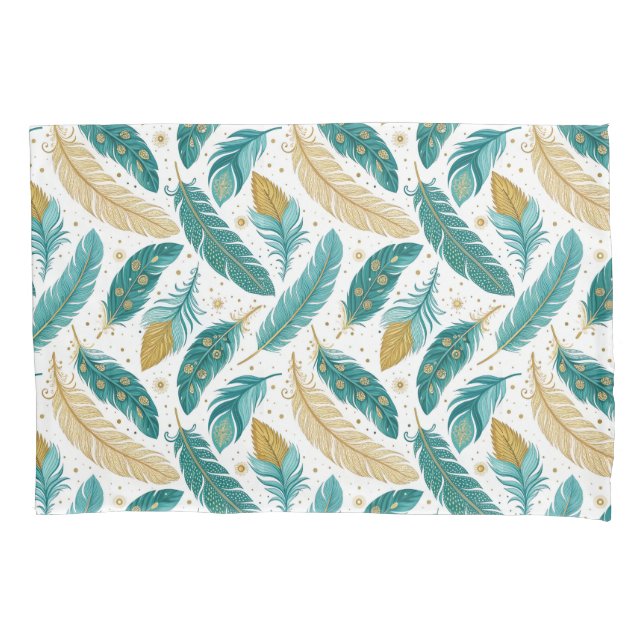 Boho Teal and Gold Feathers Pillowcase (Front-Left)